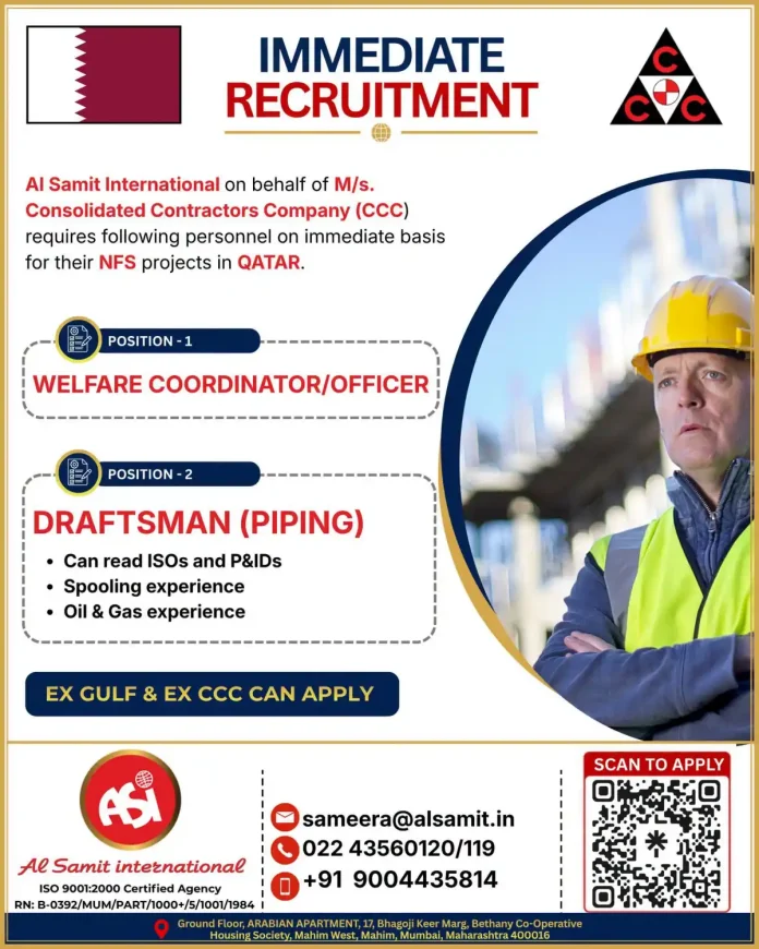 Al Samit International recruitment poster for Welfare Coordinator and Piping Draftsman jobs in Qatar NFS Projects