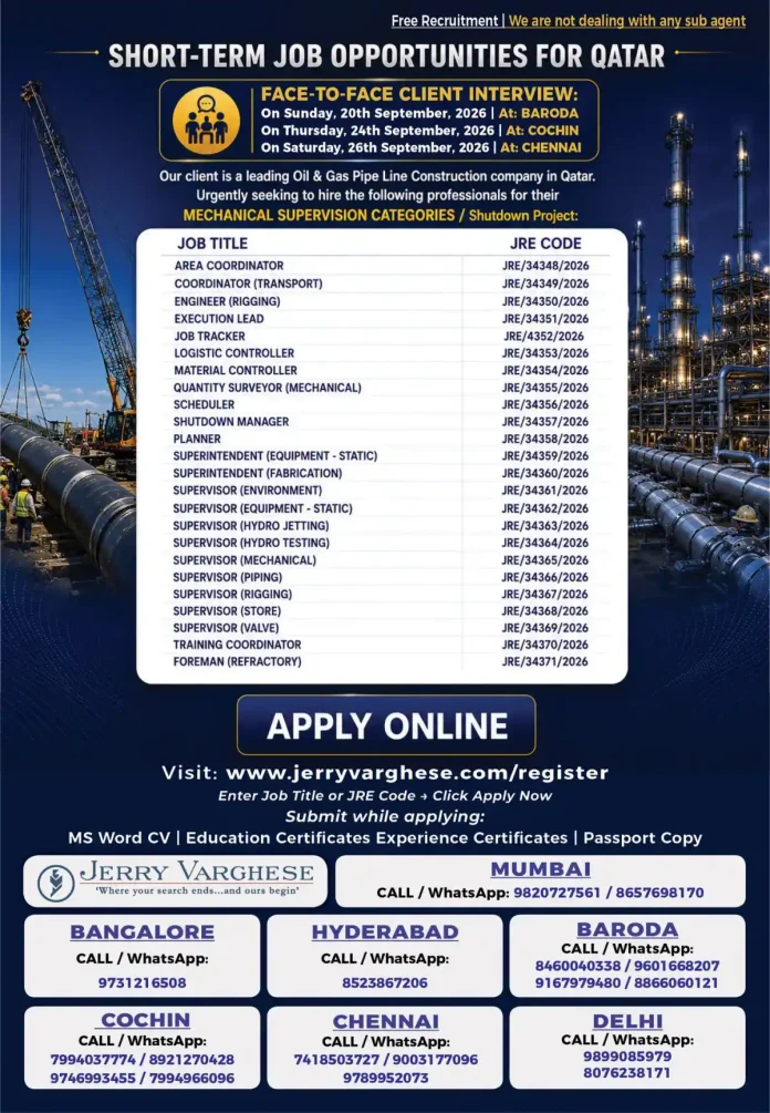 Qatar Oil & Gas pipeline construction shutdown project jobs