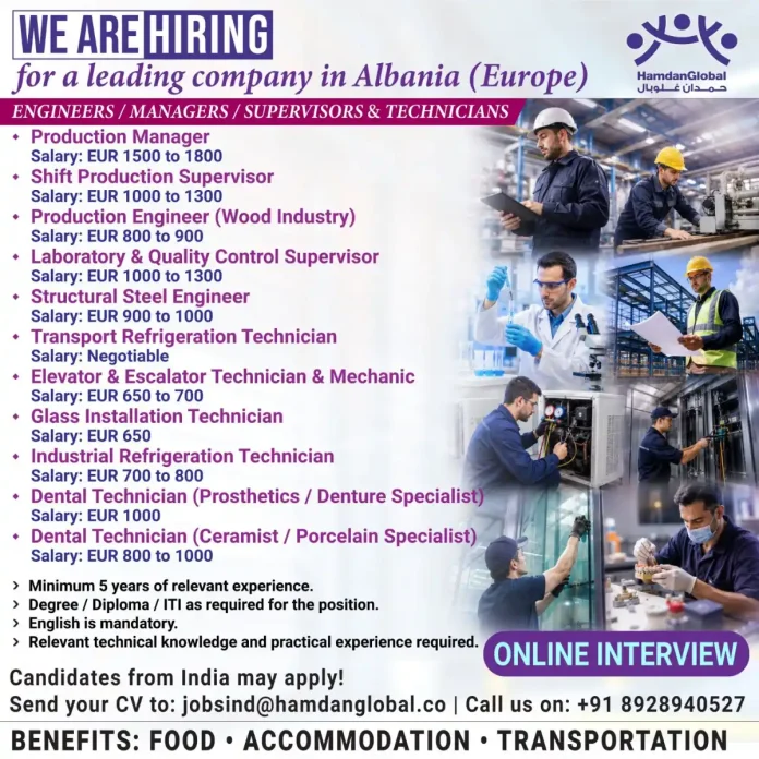 Engineering jobs in Albania for Indian candidates - HamdanGlobal hiring engineers and technicians