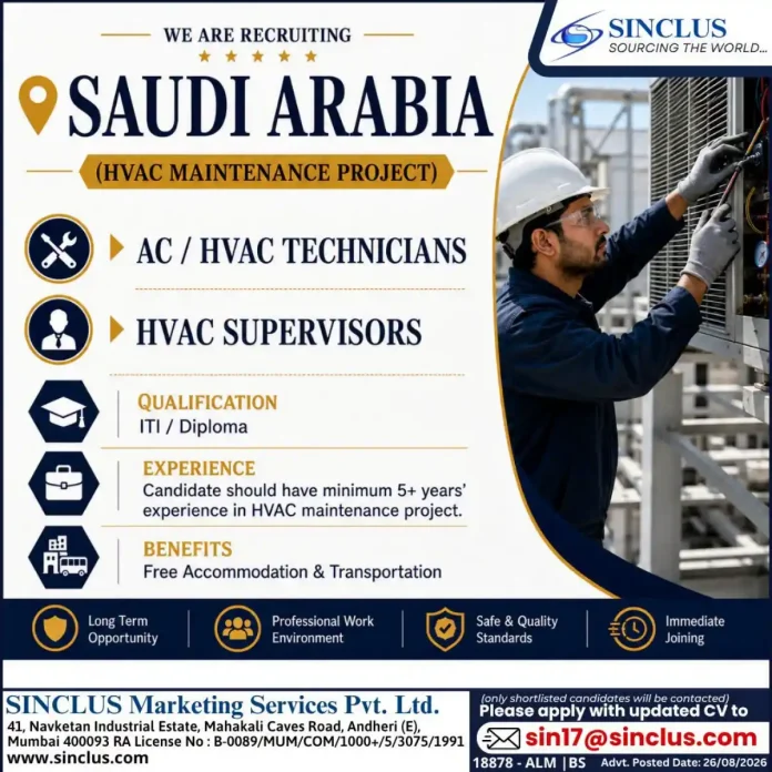 AC/HVAC technician and HVAC supervisor jobs in Saudi Arabia with Sinclus