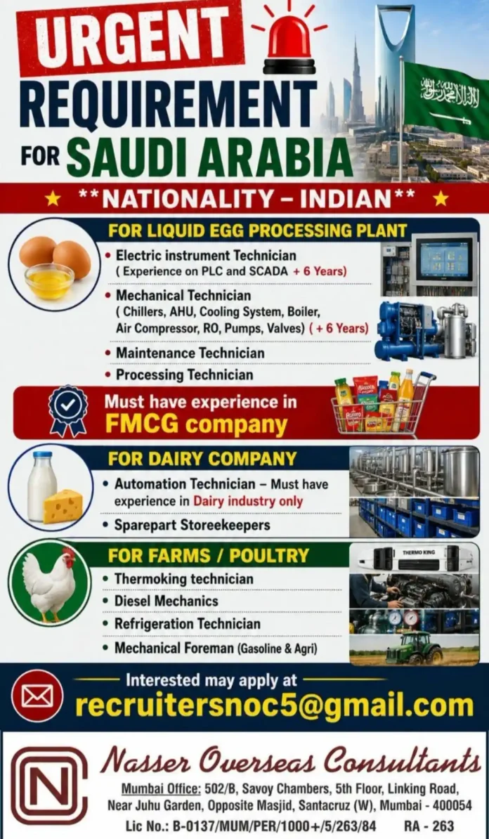 Urgent Saudi Arabia jobs for Indian technicians in liquid egg processing, dairy and poultry farms