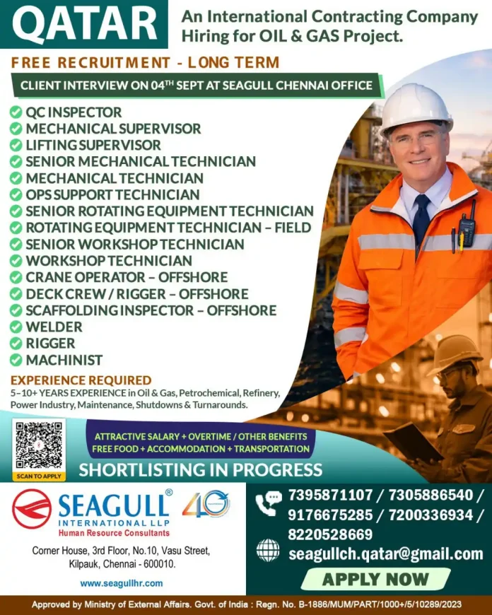 Qatar Oil and Gas job recruitment by Seagull International Chennai