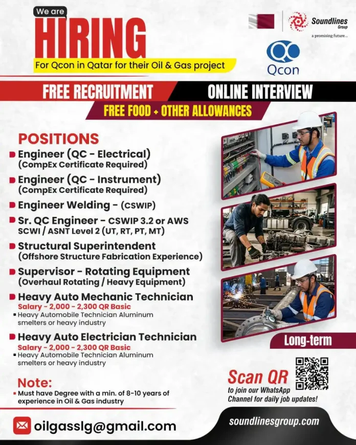 Qcon Qatar Oil and Gas Project Jobs – Free Recruitment by Soundlines Group