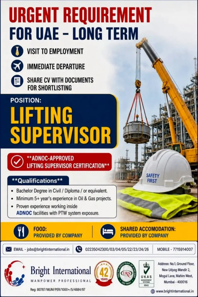 ADNOC-approved Lifting Supervisor job in UAE with Bright International