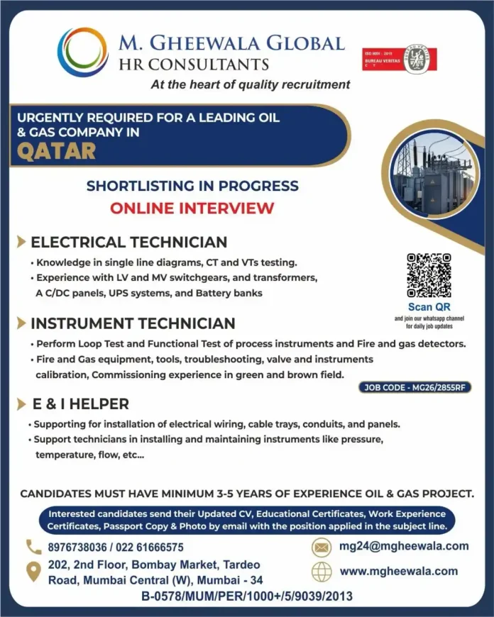 Urgent Qatar Oil and Gas jobs for Electrical Technician, Instrument Technician and E&I Helper