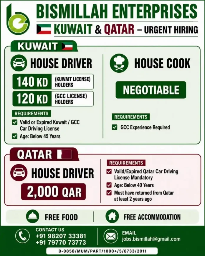 Bismillah Enterprises urgent hiring house driver and house cook jobs in Kuwait and Qatar