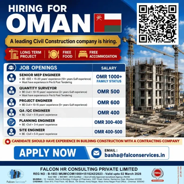 Falcon Services Oman civil construction job openings for engineers and quantity surveyors