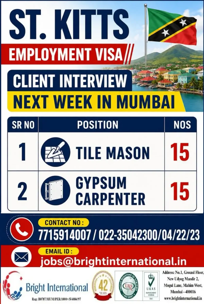 St. Kitts employment visa jobs for Tile Mason and Gypsum Carpenter - Bright International Mumbai