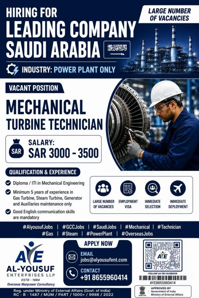 Mechanical Turbine Technician jobs in Saudi Arabia power plant