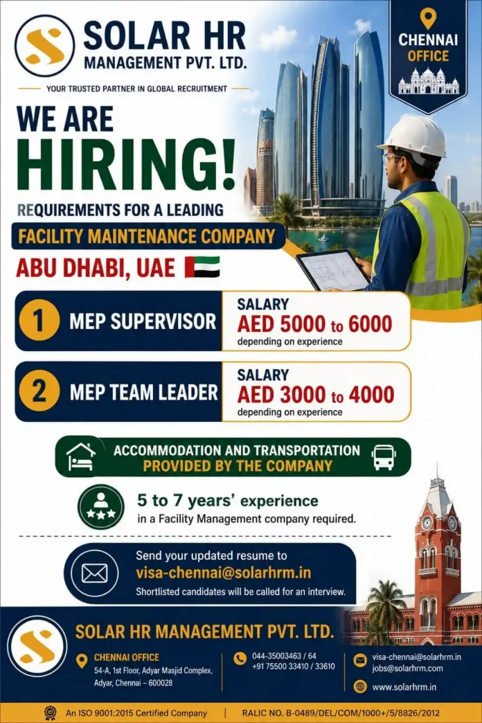 MEP Supervisor and MEP Team Leader jobs in Abu Dhabi - Solar HR Management