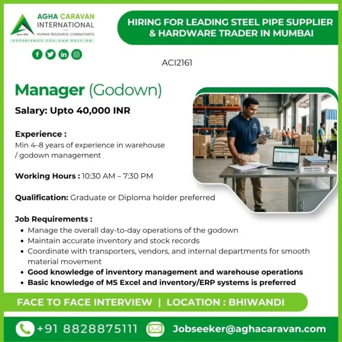 Manager Godown job in Bhiwandi Mumbai - AGHA CARAVAN HR Consultants