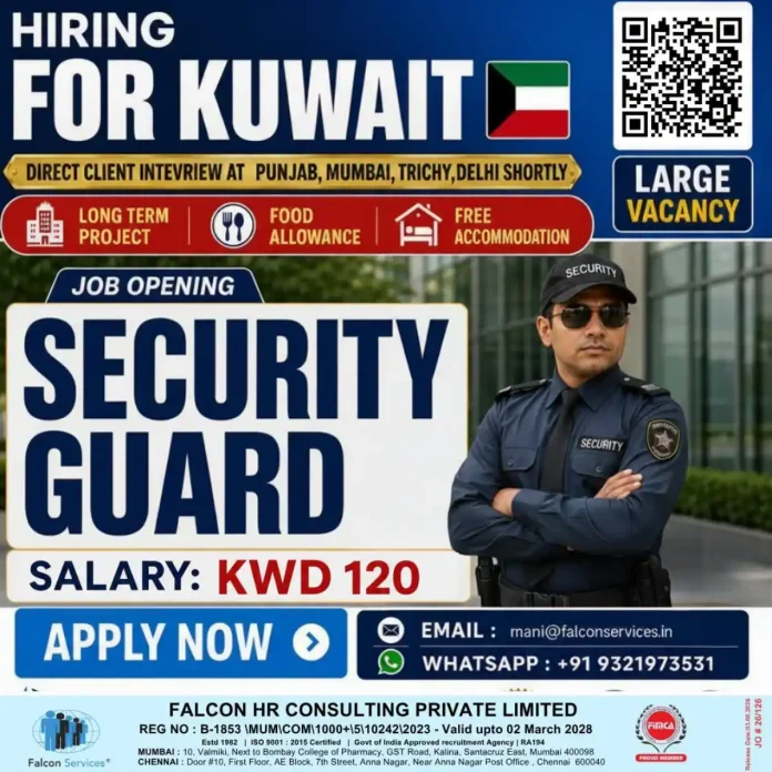Falcon Services hiring Security Guards for Kuwait with direct client interviews in Punjab, Mumbai, Trichy and Delhi