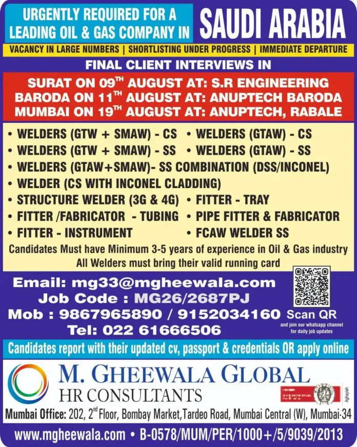 Oil & Gas jobs Saudi Arabia for welders and fitters