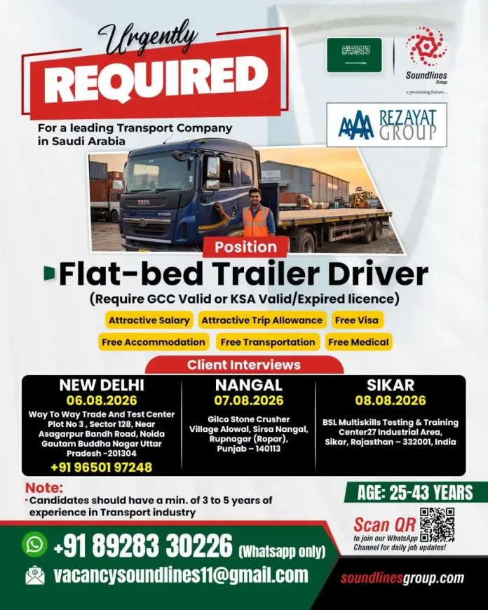 Flat-bed Trailer Driver job in Saudi Arabia with Soundlines Group