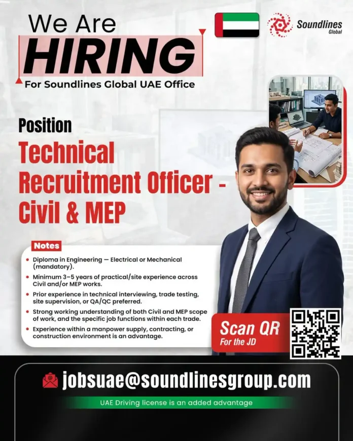 Soundlines Global hiring Technical Recruitment Officer Civil and MEP in UAE