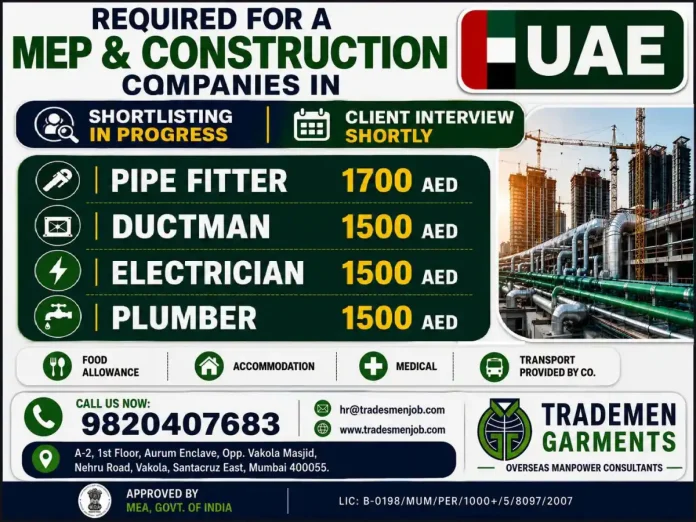 Pipe Fitter Ductman Electrician Plumber UAE MEP Construction Jobs