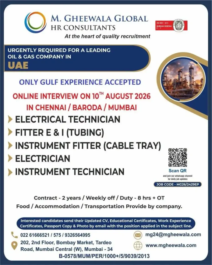 Electrical Technician jobs in UAE with M. Gheewala Global HR Consultants