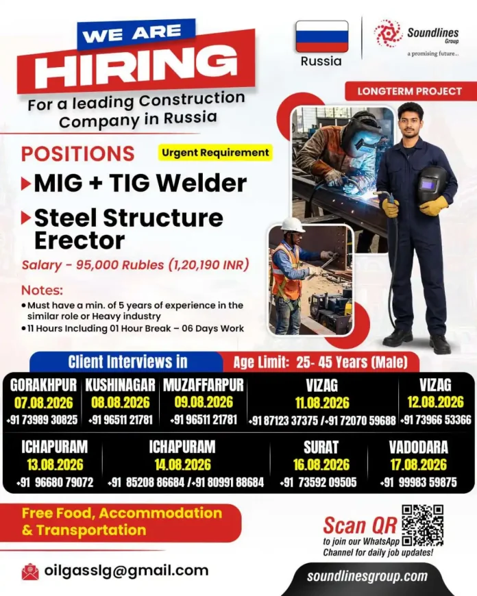 Soundlines Group hiring MIG TIG Welder and Steel Structure Erector for Russia