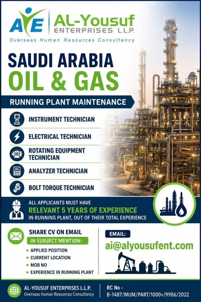 Saudi Arabia Oil & Gas Running Plant Maintenance Technician Jobs Al-Yousuf Enterprises