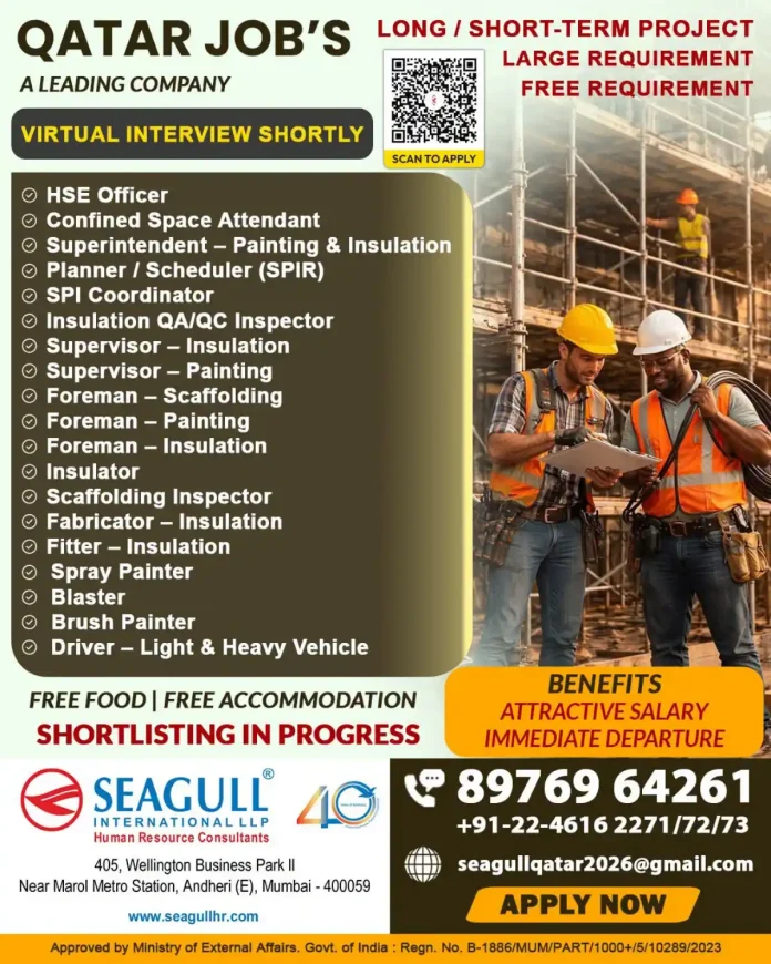 Qatar jobs with free food and accommodation - Seagull International