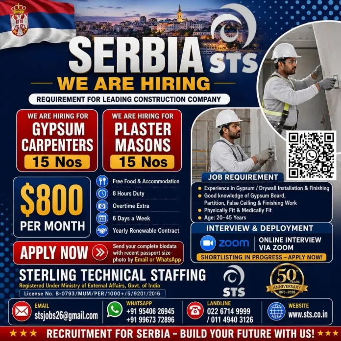 STS Serbia recruitment flyer for Gypsum Carpenters and Plaster Masons jobs