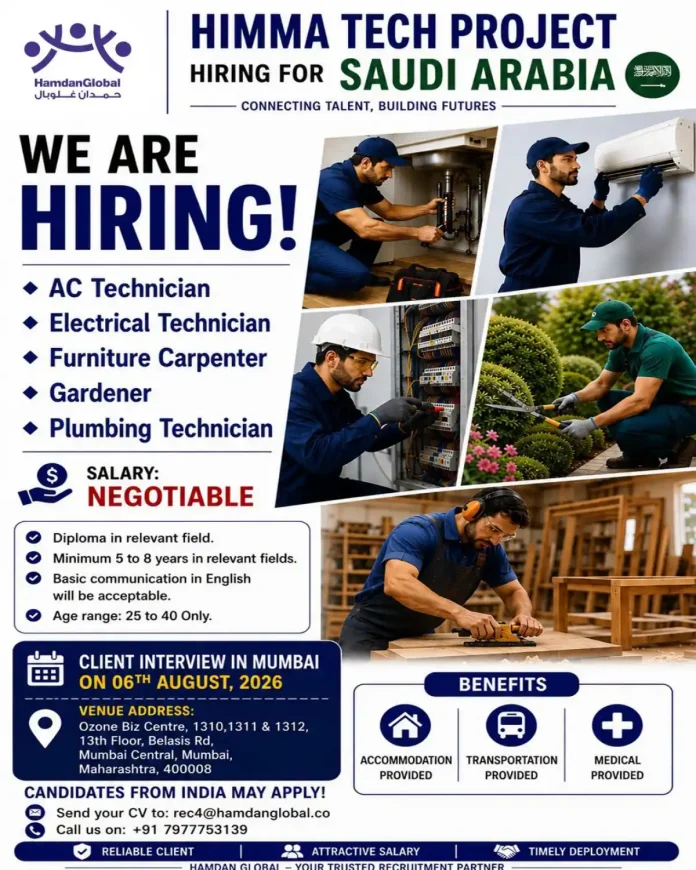 HamdanGlobal hiring for Saudi Arabia - AC Technician, Electrical Technician, Furniture Carpenter, Gardener, Plumbing Technician