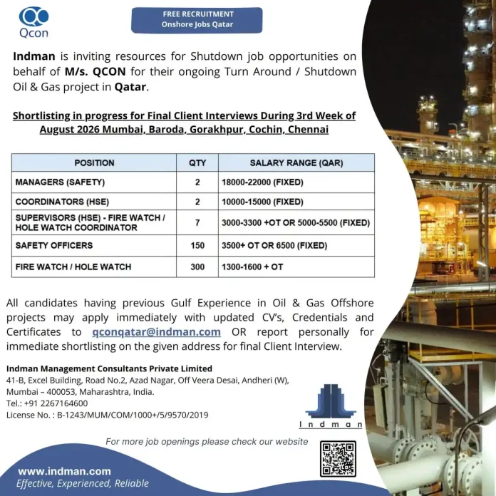 Qatar Shutdown Oil and Gas Jobs QCON Indman Recruitment