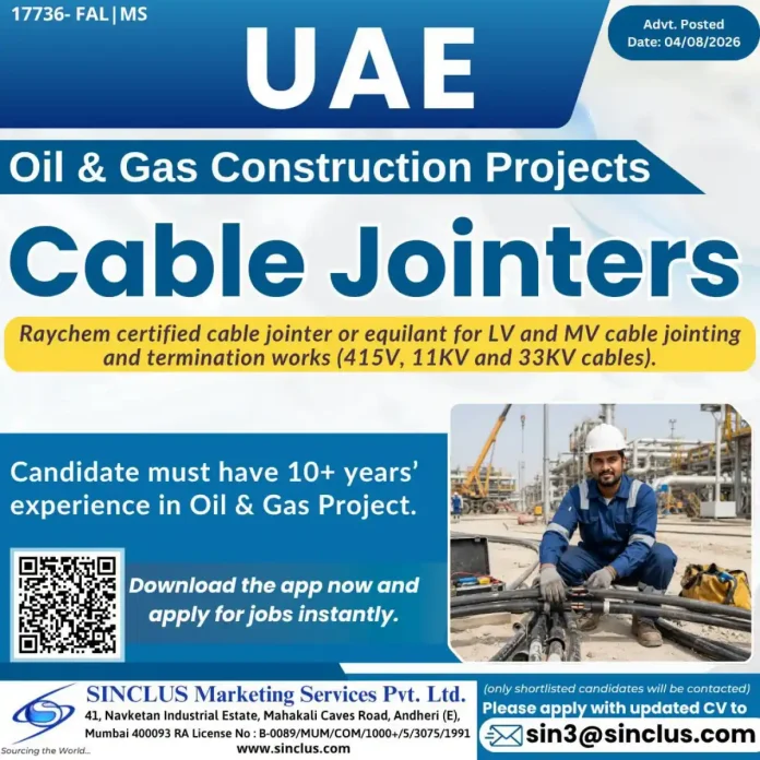 Cable Jointer performing LV and MV cable jointing in an Oil and Gas Project in UAE