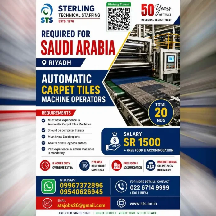 Automatic Carpet Tiles Machine Operator job in Riyadh Saudi Arabia