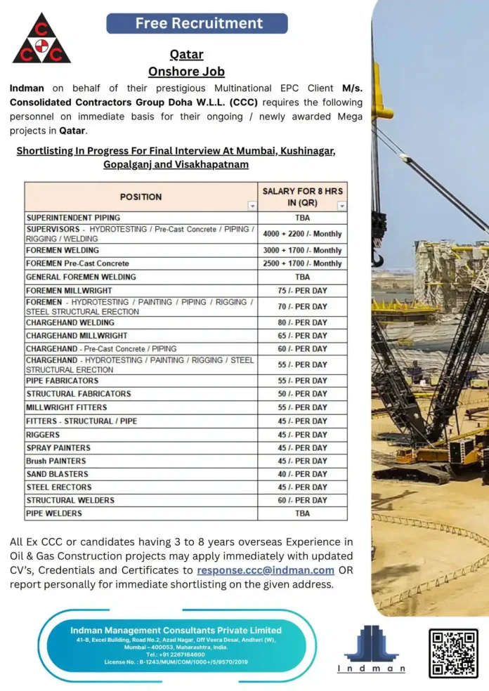 Free Recruitment Qatar Onshore Jobs with CCC