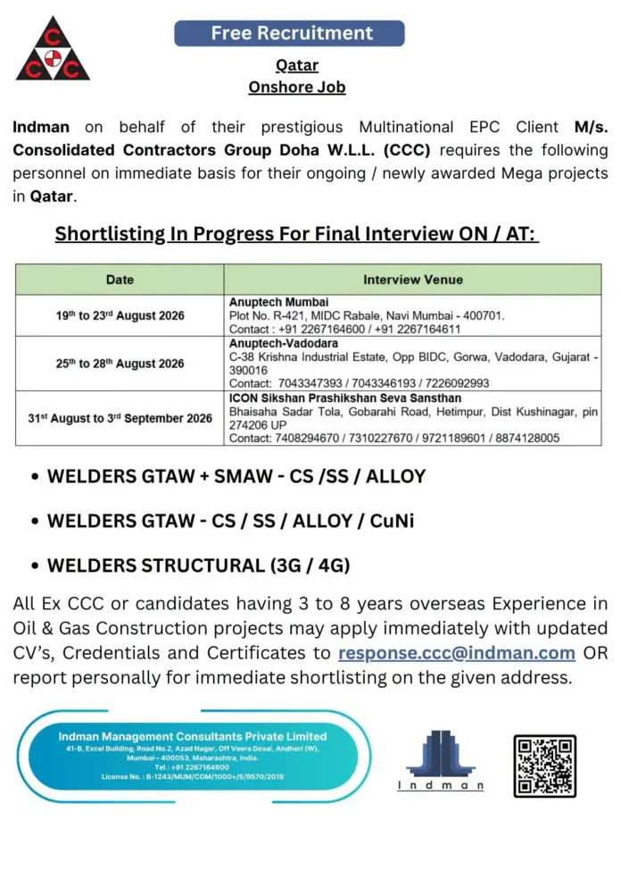 Indman CCC Qatar welder recruitment walk-in interview