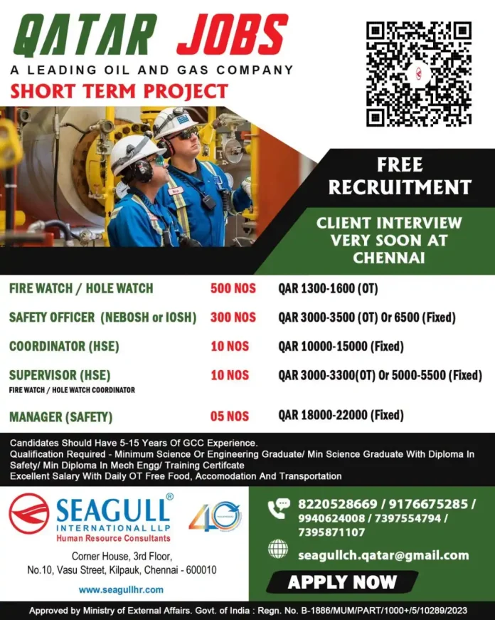 Qatar Oil and Gas Jobs Chennai Free Recruitment – Fire Watch, Safety Officer, HSE Coordinator