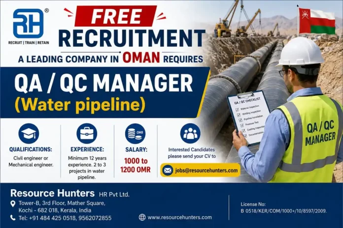 QA/QC Manager Water Pipeline job in Oman