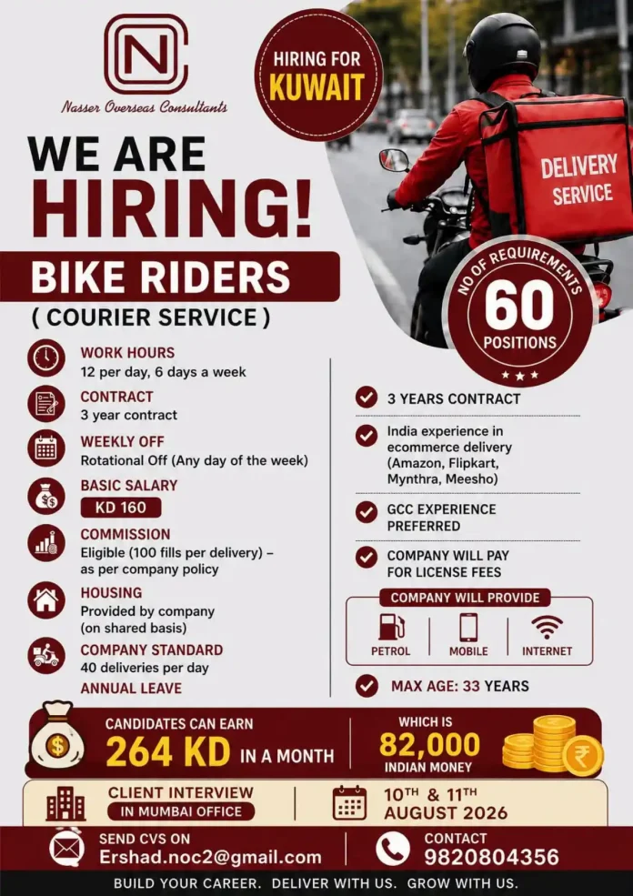 Nasser Overseas Consultants hiring bike riders for Kuwait courier service job poster