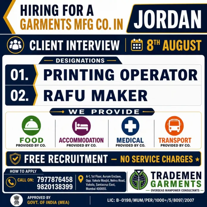 Garments Manufacturing jobs in Jordan – Printing Operator and Rafu Maker
