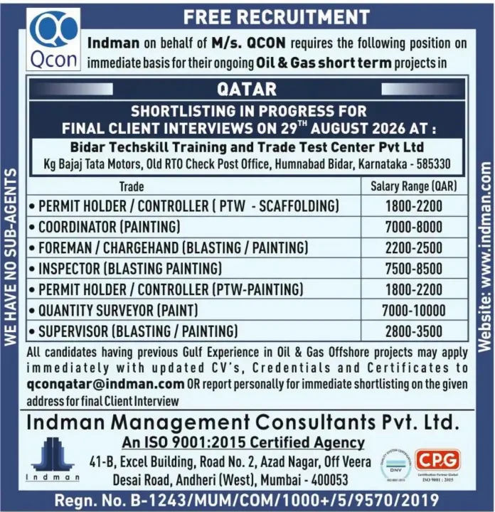 Qatar Oil and Gas recruitment by Indman for QCON projects