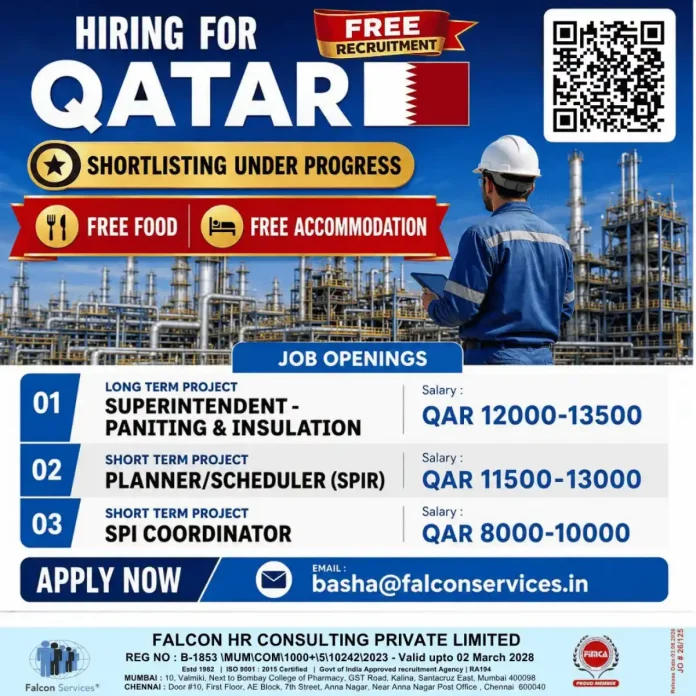 Qatar free recruitment Superintendent Painting & Insulation Planner Scheduler SPIR SPI Coordinator Falcon Services