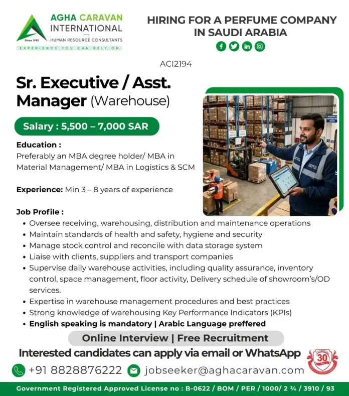 AGHA Caravan hiring warehouse executive assistant manager in Saudi Arabia