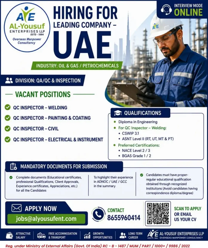 QC Inspector Jobs in UAE - Al-Yousuf Enterprises Hiring