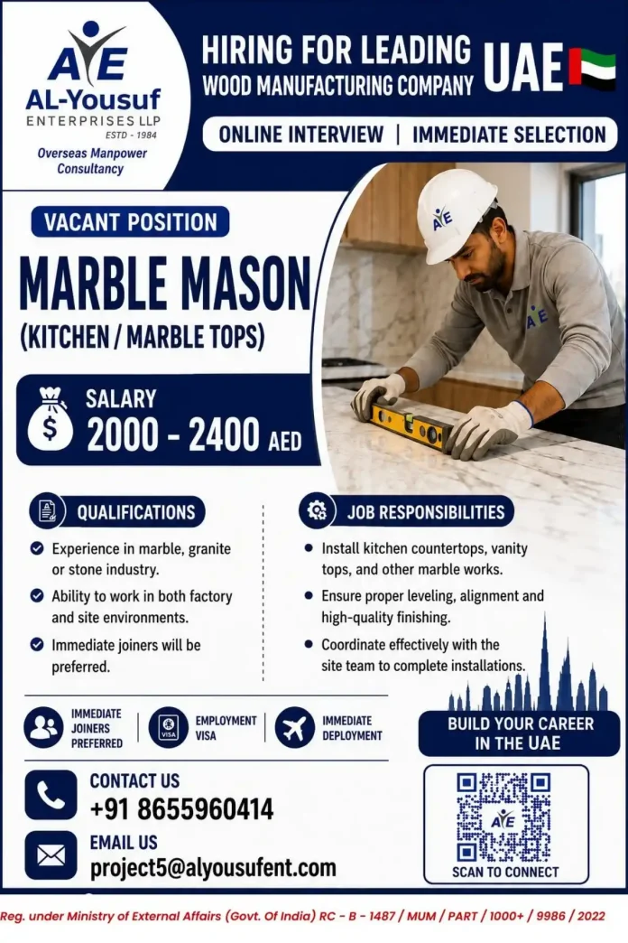 Marble Mason installing kitchen countertop in UAE