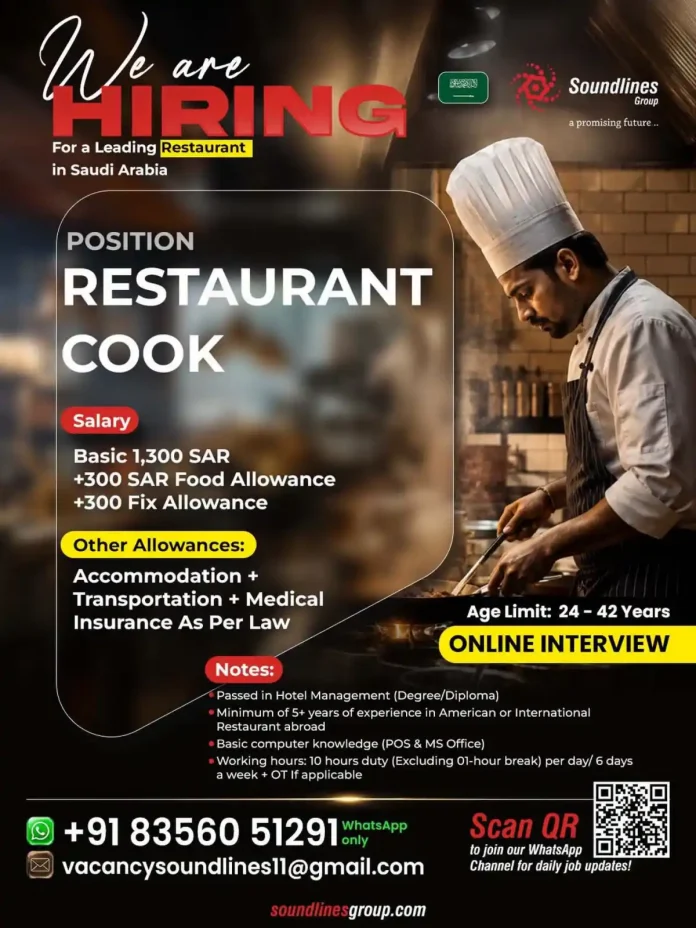 Restaurant Cook job in Saudi Arabia by Soundlines Group