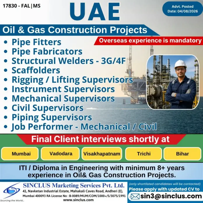 UAE Oil & Gas construction jobs – Pipe Fitters, Welders and Supervisors recruitment