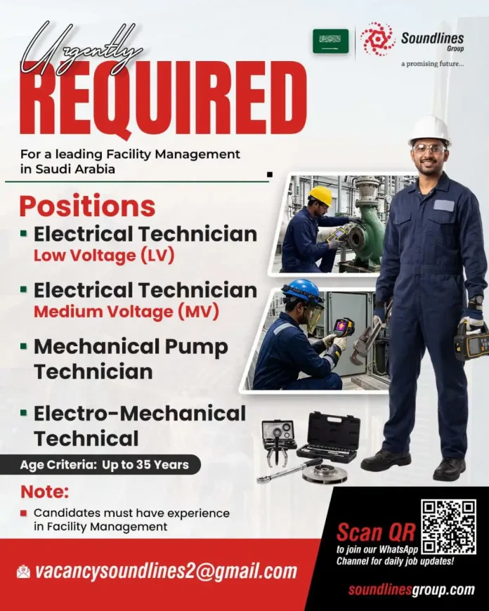 Soundlines Group vacancy for facility management jobs in Saudi Arabia with roles like Electrical Technician LV/MV and Mechanical Pump Technician