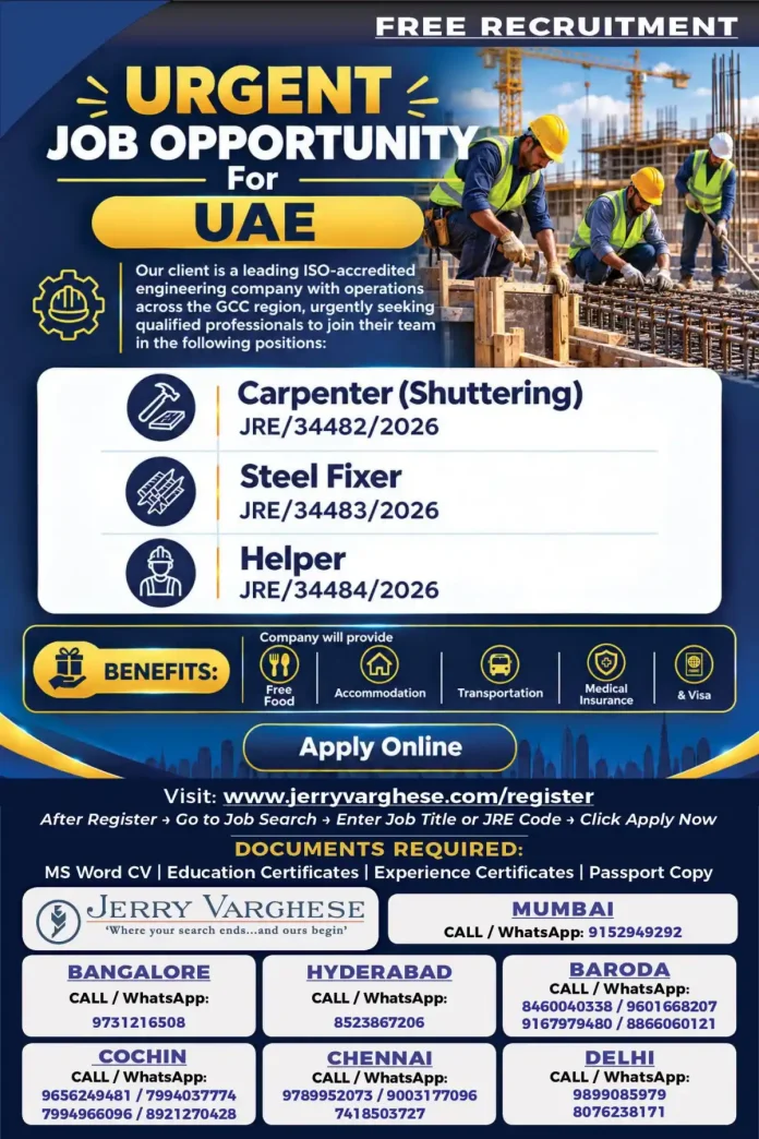 Urgent UAE jobs for Carpenter, Steel Fixer and Helper at ISO-accredited engineering company