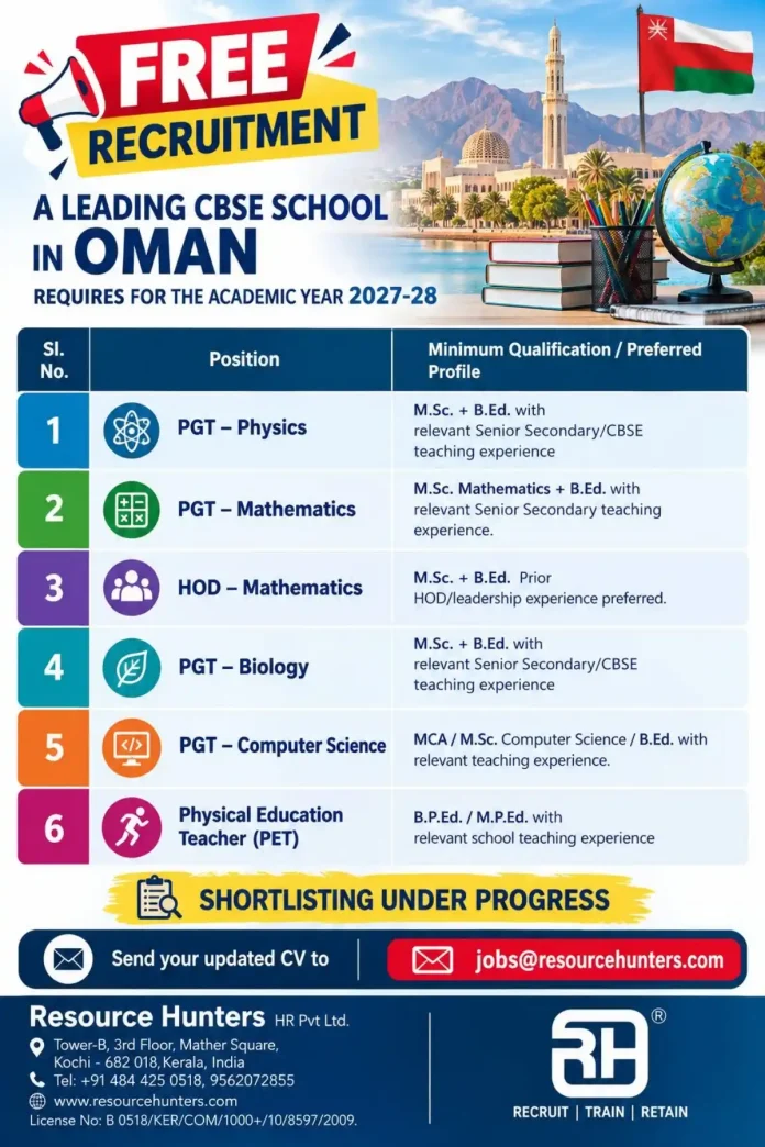 CBSE school teaching jobs in Oman for academic year 2027-28