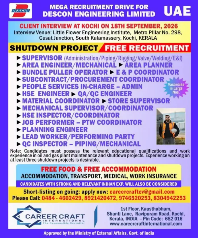 Descon Engineering Limited UAE recruitment drive interview in Kochi on 18th September 2026