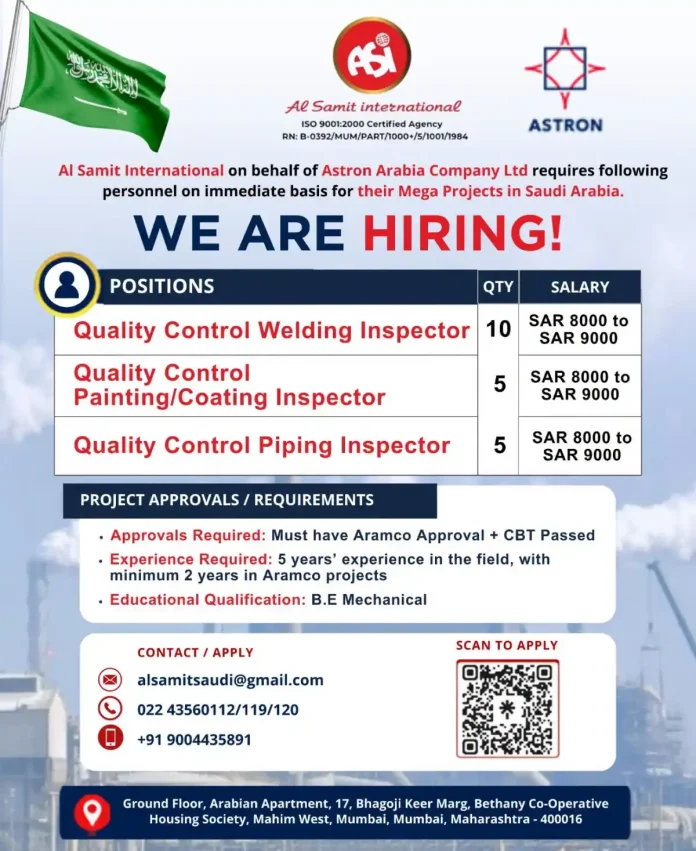 Al Samit International hiring QC inspectors for Saudi Arabia Aramco projects
