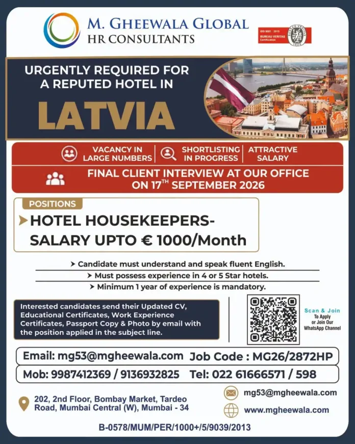 Hotel Housekeepers Job in Latvia - M. Gheewala Global HR Consultants