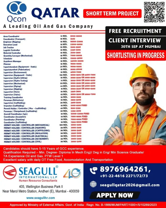 Qcon Qatar Oil and Gas Short Term Project Jobs