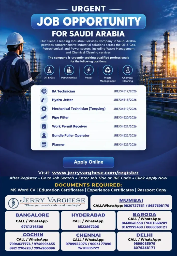 Saudi Arabia industrial services jobs recruitment for Oil & Gas, Petrochemical and Power sectors
